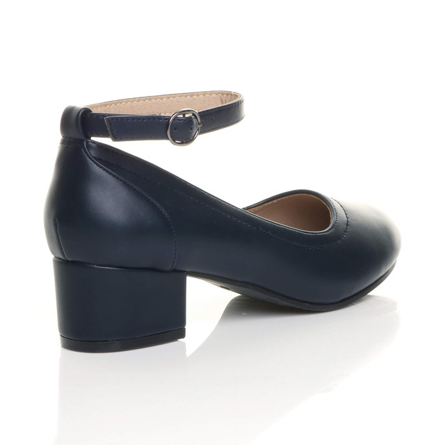 Back right side view of Navy PU Low Mid Block Heel Ankle Strap Smart Work Comfort Shoes