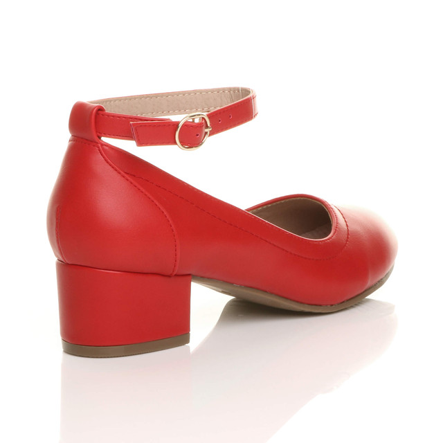 Back right side view of Red PU Low Mid Block Heel Ankle Strap Smart Work Comfort Shoes