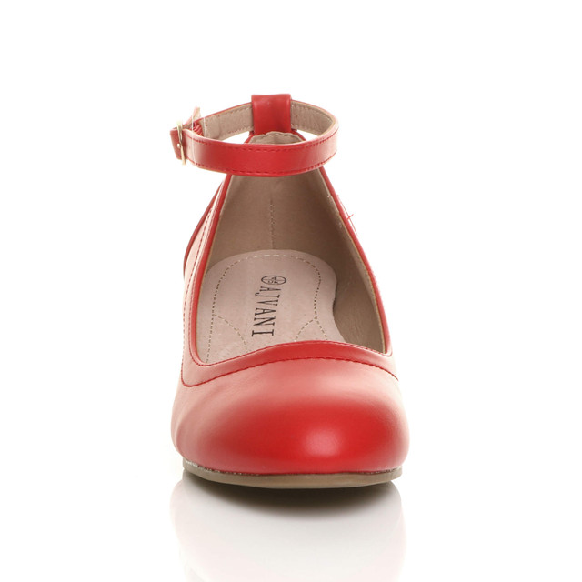 Front view of Red PU Low Mid Block Heel Ankle Strap Smart Work Comfort Shoes