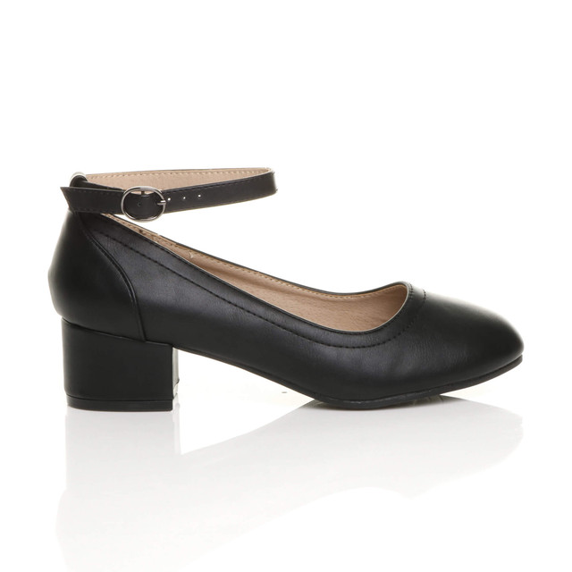Right side view of Black PU Low Mid Block Heel Ankle Strap Smart Work Comfort Shoes