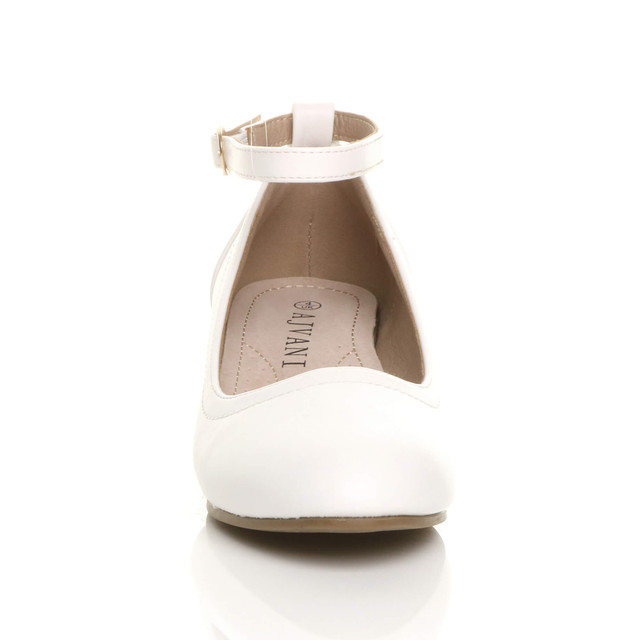 Front view of White PU Low Mid Block Heel Ankle Strap Smart Work Comfort Shoes