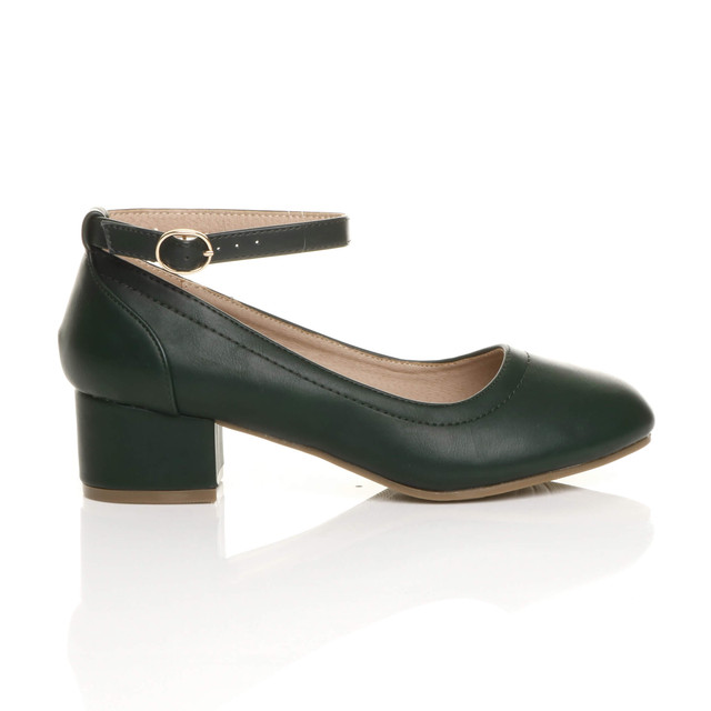 Right side view of Green PU Low Mid Block Heel Ankle Strap Smart Work Comfort Shoes