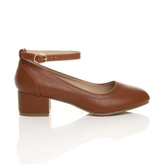 Right side view of Tan PU Low Mid Block Heel Ankle Strap Smart Work Comfort Shoes