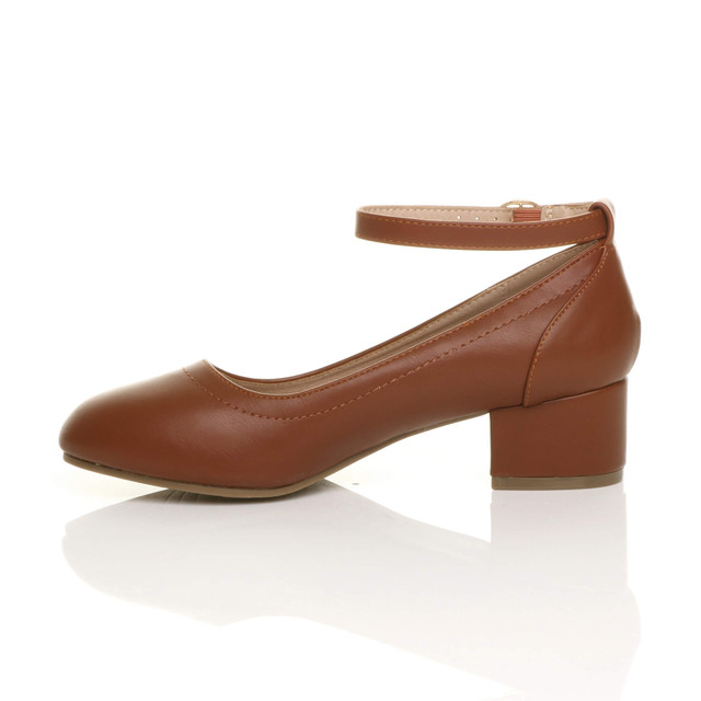 Left side view of Tan PU Low Mid Block Heel Ankle Strap Smart Work Comfort Shoes