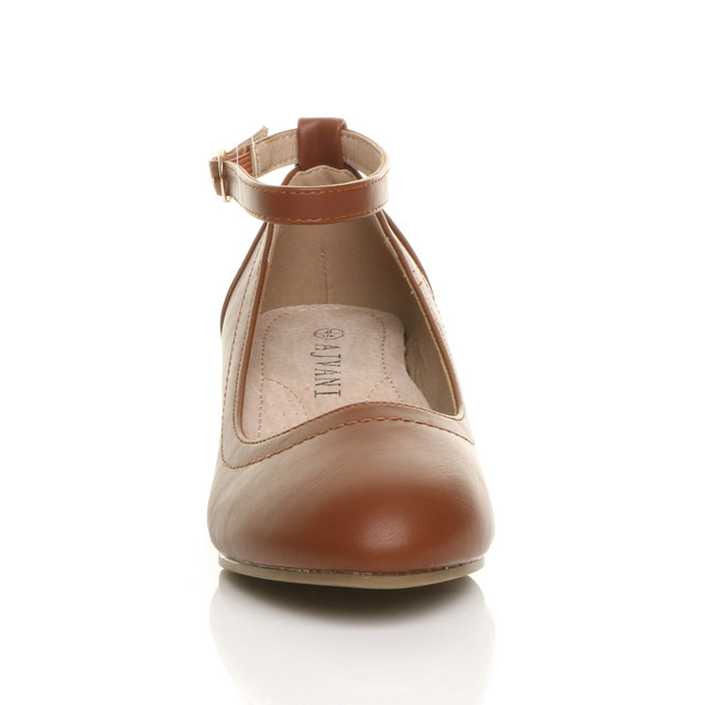 Front view of Tan PU Low Mid Block Heel Ankle Strap Smart Work Comfort Shoes
