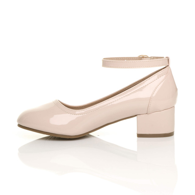Left side view of Nude Patent Low Mid Block Heel Ankle Strap Smart Work Comfort Shoes