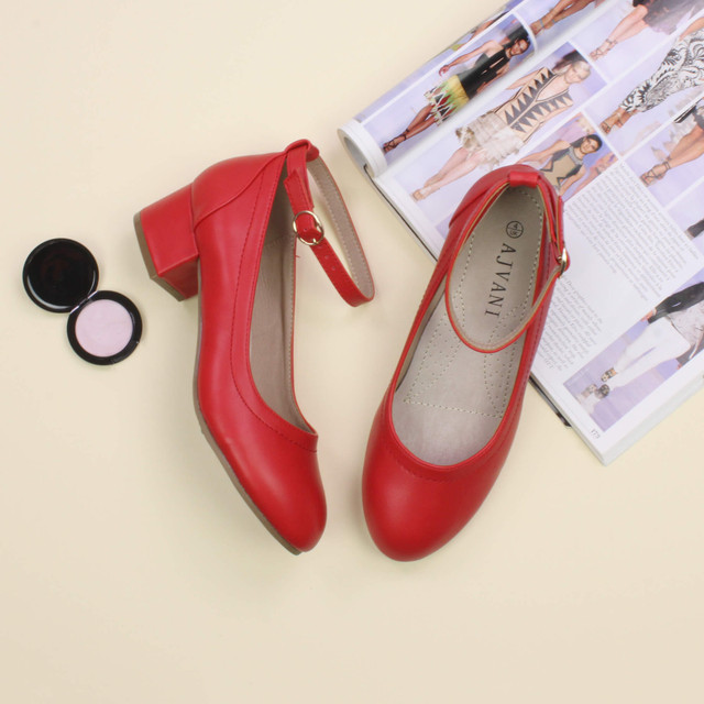 Red PU Low Mid Block Heel Ankle Strap Smart Work Comfort Shoes
