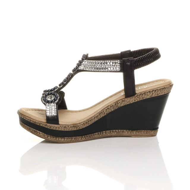 Left side view of Black PU High Wedge Heel Diamante Beaded Platform Slingback Sandals 
