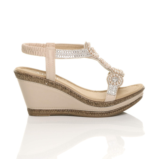 Right side view of Beige PU High Wedge Heel Diamante Beaded Platform Slingback Sandals 