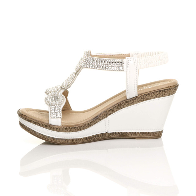 Left side view of White PU High Wedge Heel Diamante Beaded Platform Slingback Sandals 