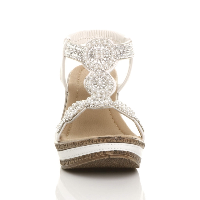 Front view of White PU High Wedge Heel Diamante Beaded Platform Slingback Sandals 