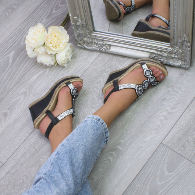 Model wearing Black PU High Wedge Heel Diamante Beaded Platform Slingback Sandals