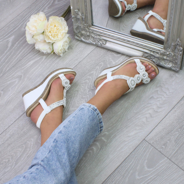 Model wearing White PU High Wedge Heel Diamante Beaded Platform Slingback Sandals