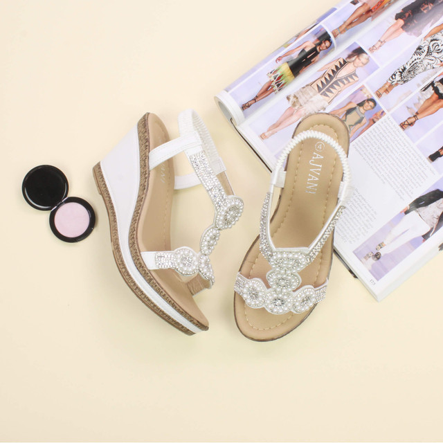 White PU High Wedge Heel Diamante Beaded Platform Slingback Sandals