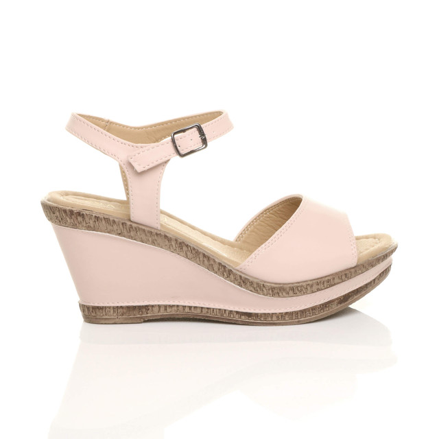 Right side view of Beige PU High Wedge Heel Cork Platform Buckle Sandals