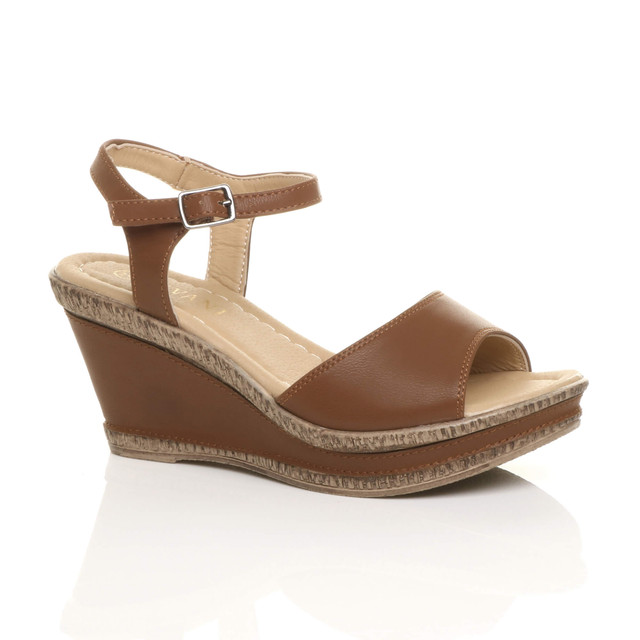 Front right side view of Tan PU High Wedge Heel Cork Platform Buckle Sandals