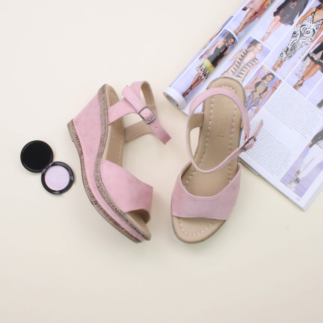 Pale Pink Suede High Wedge Heel Cork Platform Buckle Sandals