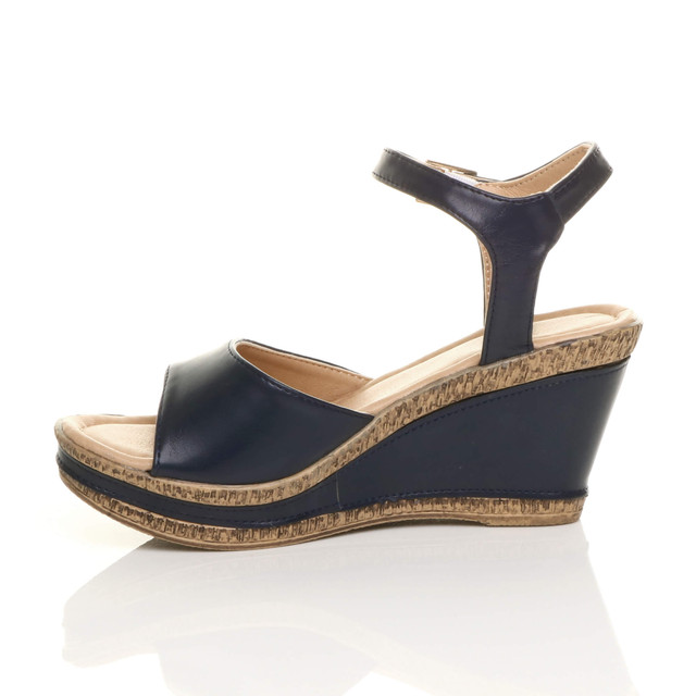 Left side view of Navy PU High Wedge Heel Cork Platform Buckle Sandals