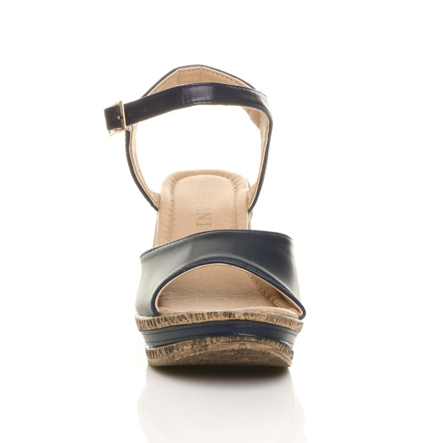 Front view of Navy PU High Wedge Heel Cork Platform Buckle Sandals
