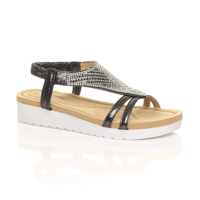 Womens Low Wedge Heel Flatform Diamante T-Bar Slingback Sandals