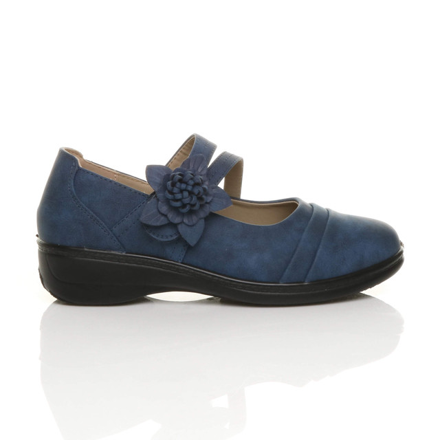 Right side view of Navy PU Flat Grip Sole Padded Mary Jane Hook & Loop Comfort Shoes