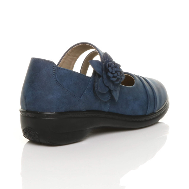 Back right side view of Navy PU Flat Grip Sole Padded Mary Jane Hook & Loop Comfort Shoes