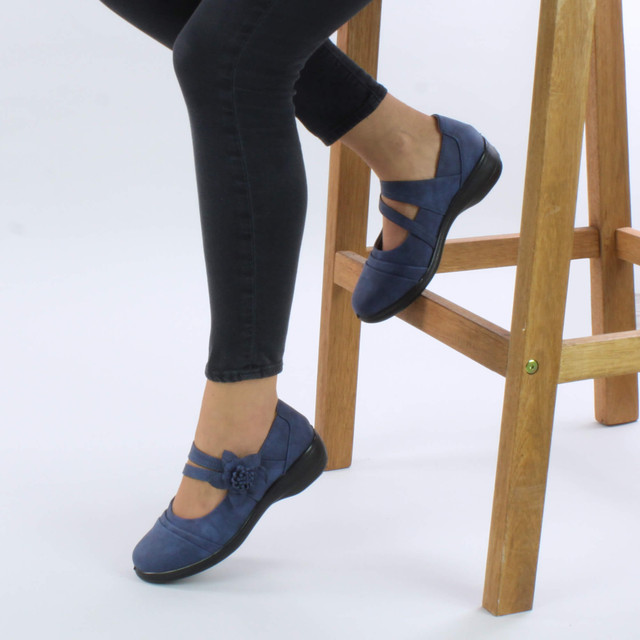 Model wearing Navy PU Flat Grip Sole Padded Mary Jane Hook & Loop Comfort Shoes