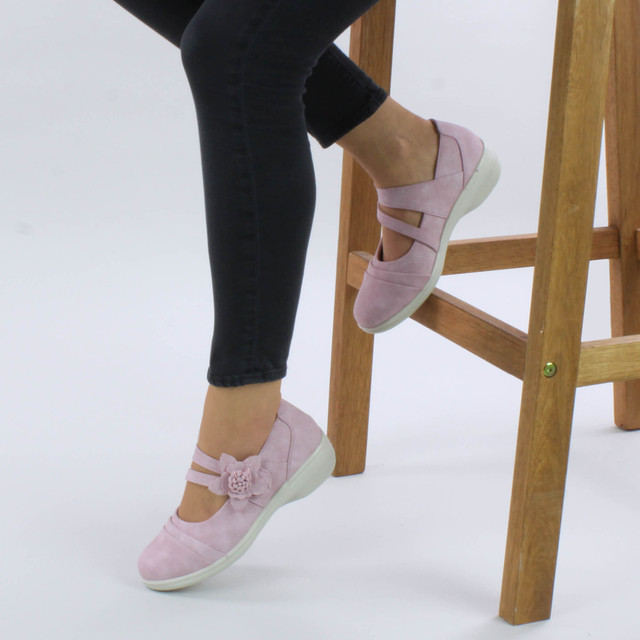 Model wearing Lilac PU Flat Grip Sole Padded Mary Jane Hook & Loop Comfort Shoes