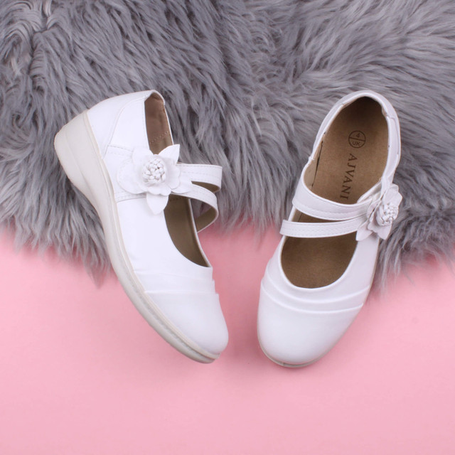 White PU Flat Grip Sole Padded Mary Jane Hook & Loop Comfort Shoes