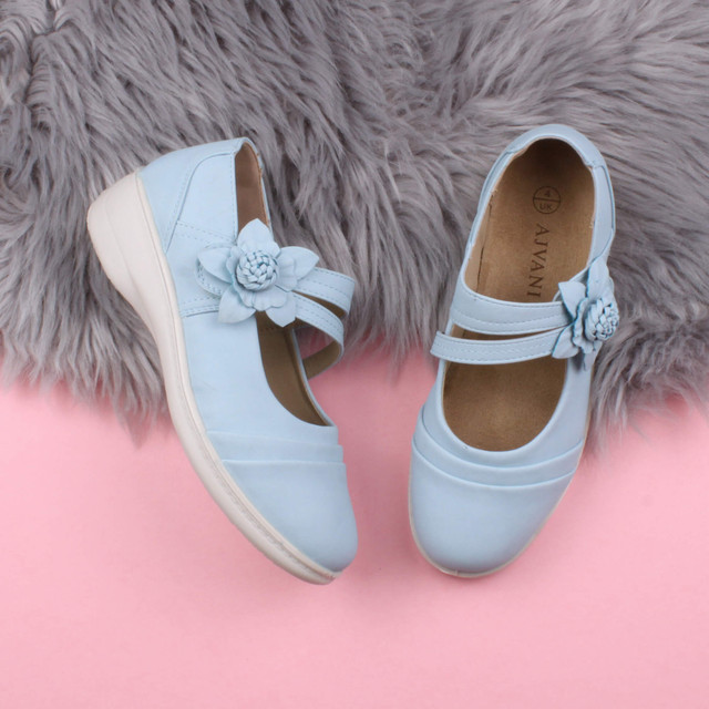 Pale Blue PU Flat Grip Sole Padded Mary Jane Hook & Loop Comfort Shoes