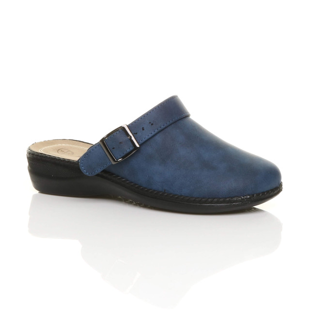 Front right side view of Navy PU Slip On Comfort Slingback Wedges Clogs Mules