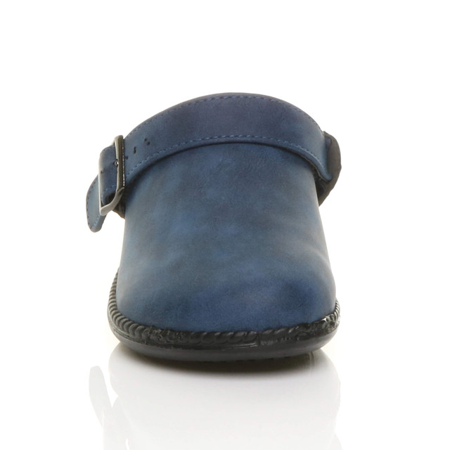 Front view of Navy PU Slip On Comfort Slingback Wedges Clogs Mules