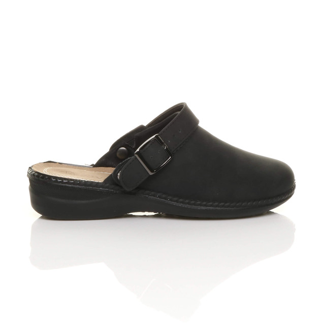 Right side view of Black PU Slip On Comfort Slingback Wedges Clogs Mules