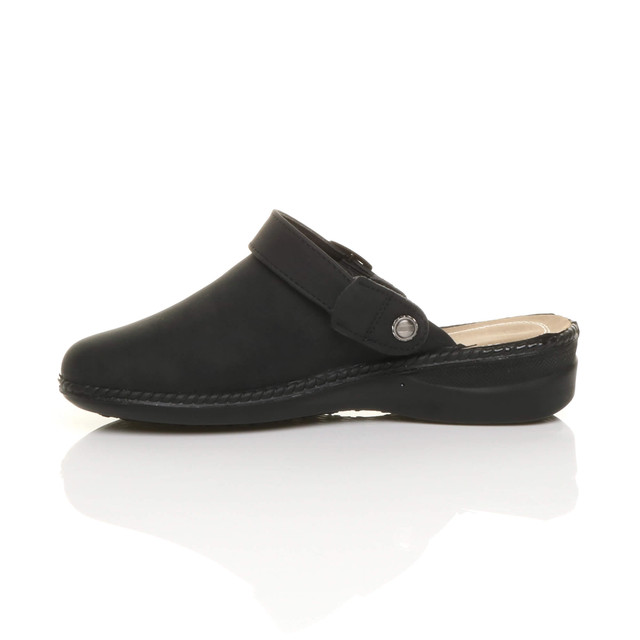Left side view of Black PU Slip On Comfort Slingback Wedges Clogs Mules