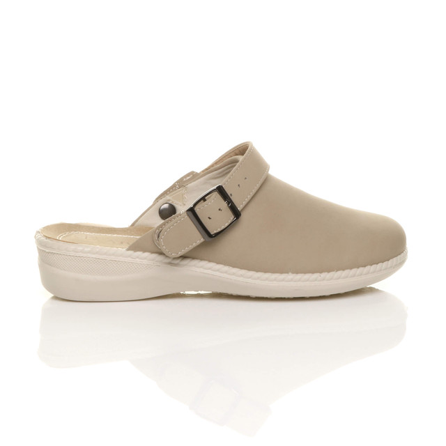 Right side view of Beige PU Slip On Comfort Slingback Wedges Clogs Mules