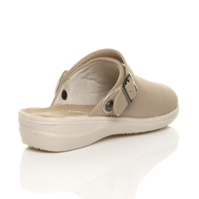Back right side view of Beige PU Slip On Comfort Slingback Wedges Clogs Mules