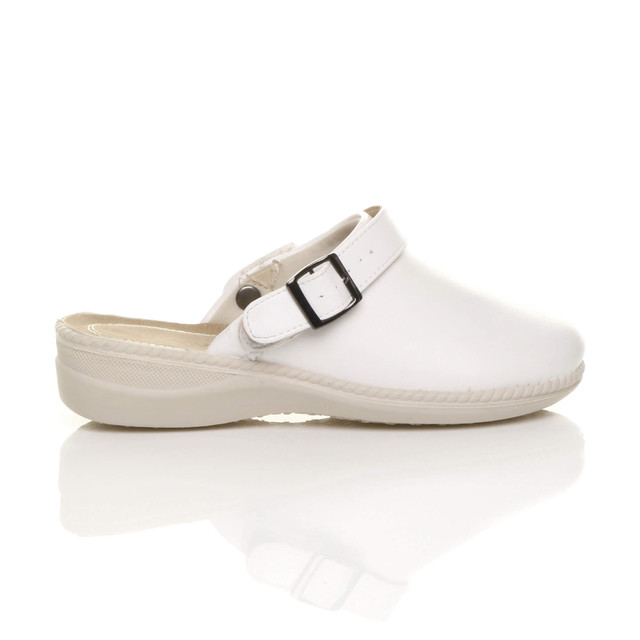 Right side view of White PU Slip On Comfort Slingback Wedges Clogs Mules