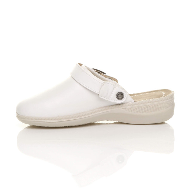 Left side view of White PU Slip On Comfort Slingback Wedges Clogs Mules