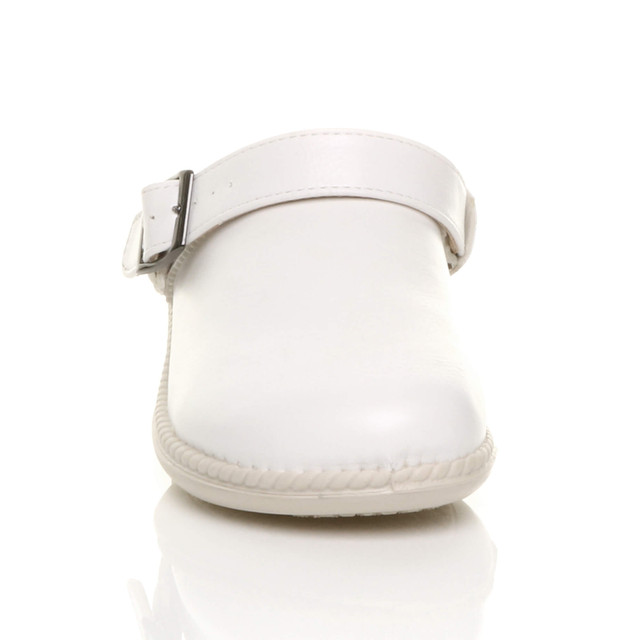 Front view of White PU Slip On Comfort Slingback Wedges Clogs Mules
