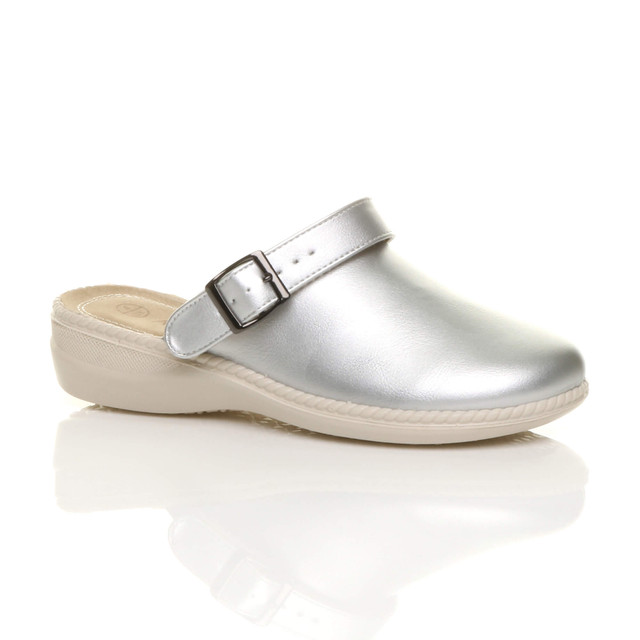 Front right side view of Silver PU Slip On Comfort Slingback Wedges Clogs Mules