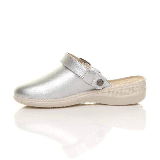 Left side view of Silver PU Slip On Comfort Slingback Wedges Clogs Mules
