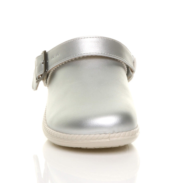 Front view of Silver PU Slip On Comfort Slingback Wedges Clogs Mules