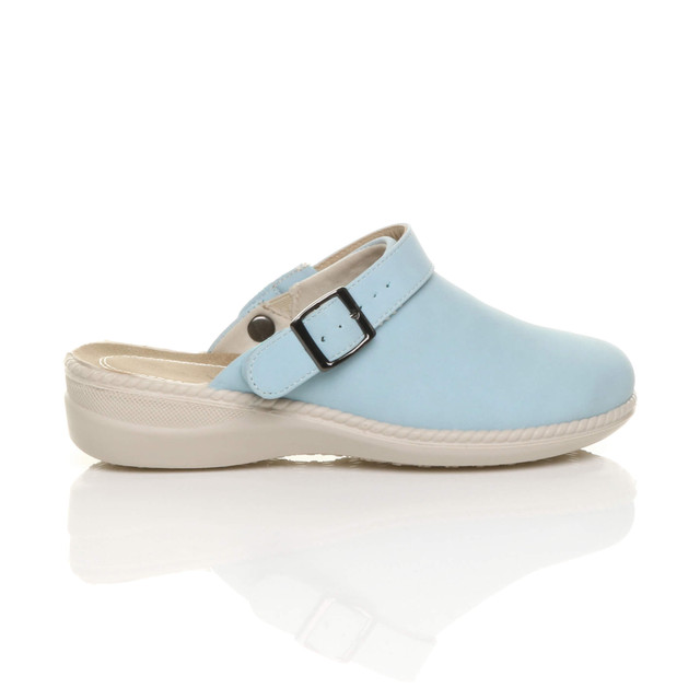 Right side view of Pale Blue PU Slip On Comfort Slingback Wedges Clogs Mules