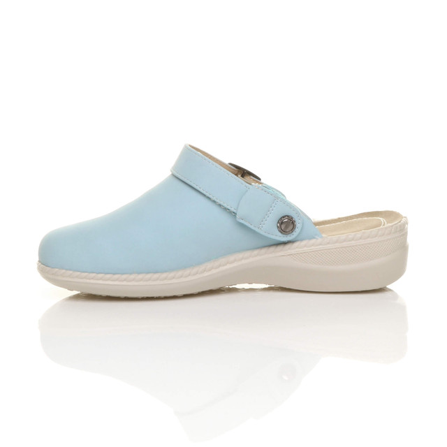 Left side view of Pale Blue PU Slip On Comfort Slingback Wedges Clogs Mules