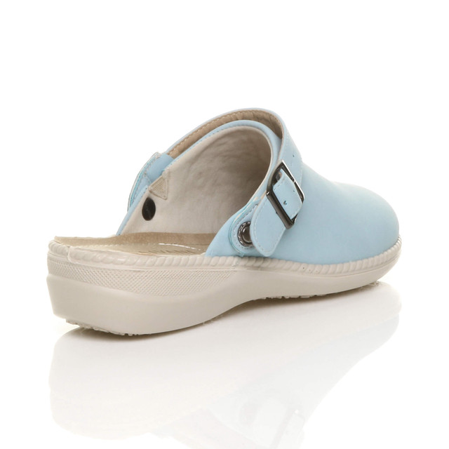Back right side view of Pale Blue PU Slip On Comfort Slingback Wedges Clogs Mules