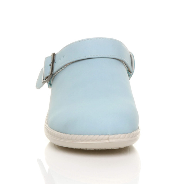 Front view of Pale Blue PU Slip On Comfort Slingback Wedges Clogs Mules