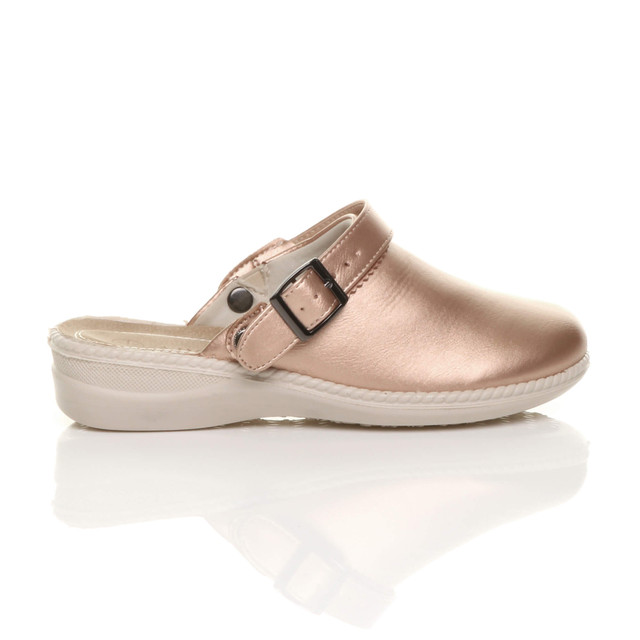 Right side view of Rose Gold PU Slip On Comfort Slingback Wedges Clogs Mules