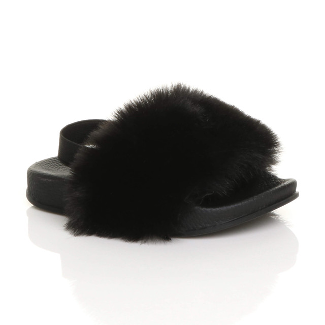 Girls Flat Slip On Strap Fluffy Slingback Sliders Sandals