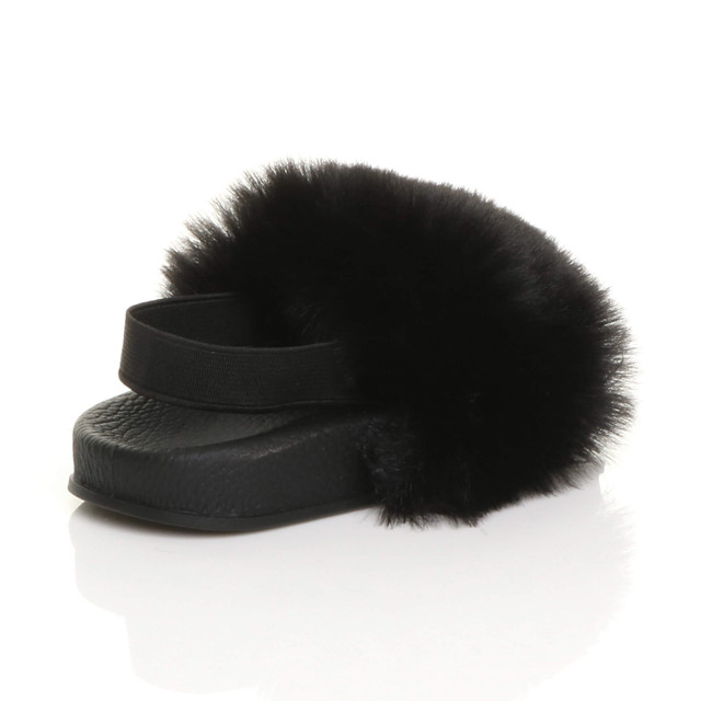 Girls Flat Slip On Strap Fluffy Slingback Sliders Sandals