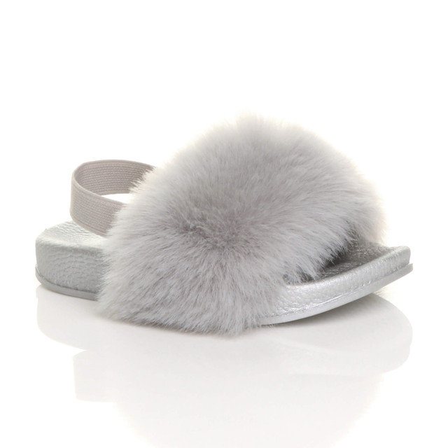 Front right side view of Grey Fur Flat Slip On Strap Fluffy Slingback Sliders Sandals